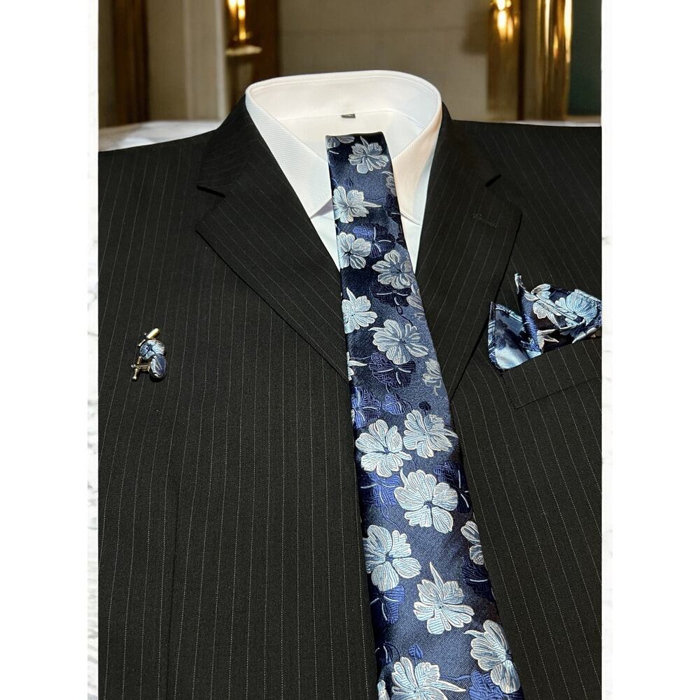Men’s 3 Piece Tie Set Dark Blue Floral Tie Pocket Square Cufflinks 57.75"x3.25"